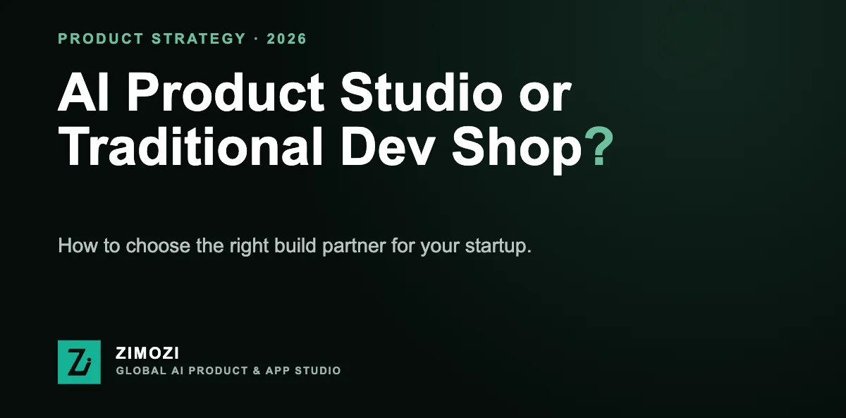 Zimozi cover graphic: AI product studio or traditional dev shop, how to choose the right build partner for your startup