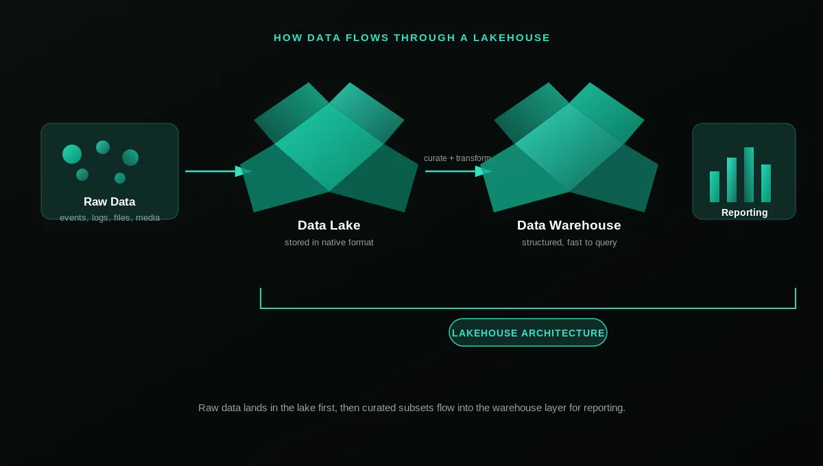 Diagram showing raw data flowing into a data lake, then curated data flowing into a data warehouse for reporting, illustrating a lakehouse architecture
