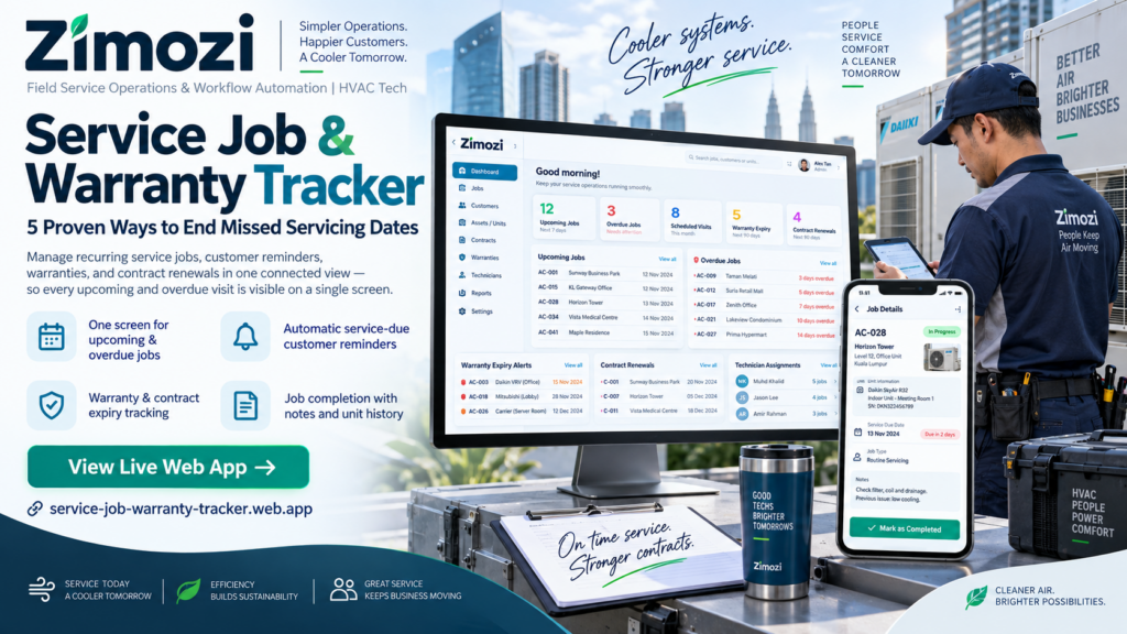 Service job and warranty tracker dashboard for an aircon servicing business