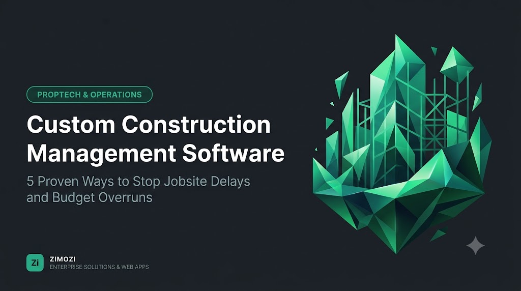 Banner reading Custom Construction Management Software: 5 proven ways to stop jobsite delays and budget overruns