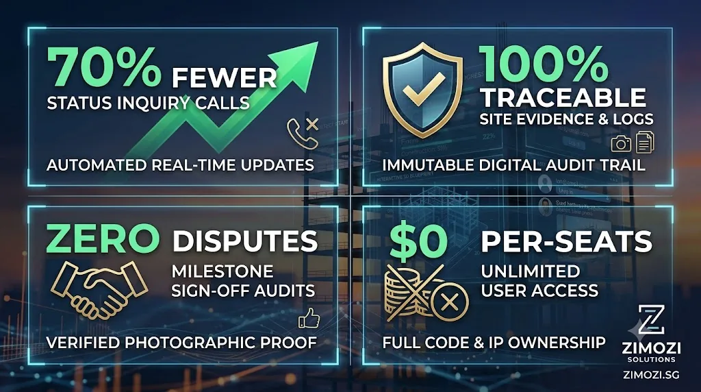 Build Progress Tracker business impact metrics showing 70% fewer status calls and zero milestone disputes Build Progress Tracker construction dashboard
